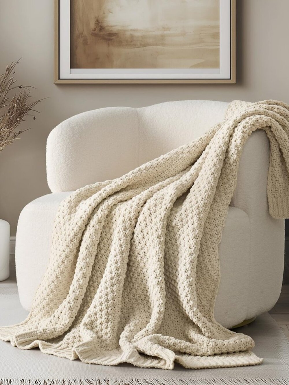 EVERGRACEHOME Chunky Chenille Knit Throw Blanket, 50 x 60, Beige